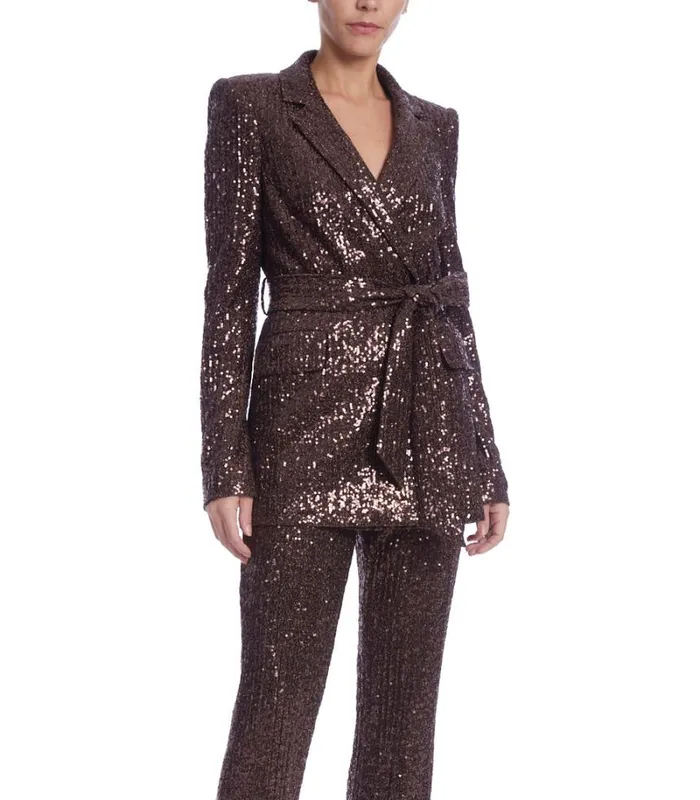 Women Suits Badgley Mischka Line Sequin Notch Lapel Jacket Brown