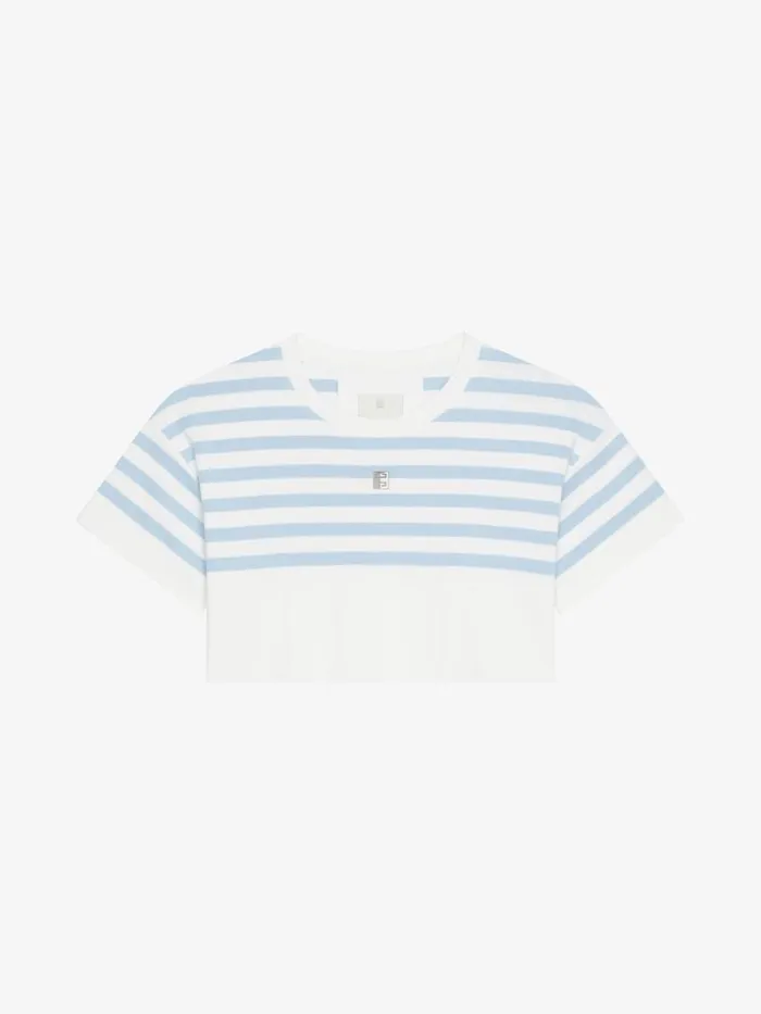 Women TShirts Givenchy Striped Cropped Tshirt In Cotton 4G Detail Whitelight Blue