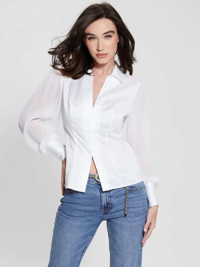 Women Tops GUESS Amara Pleated Shirt Pure White Women Tops GUESS Amara Pleated Shirt Pure White
