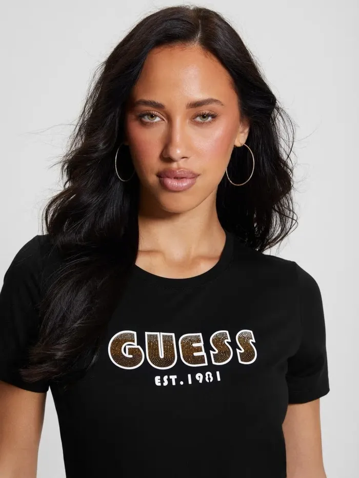 Women Tops GUESS Eco Crewneck Rhinestone Logo Tee Black