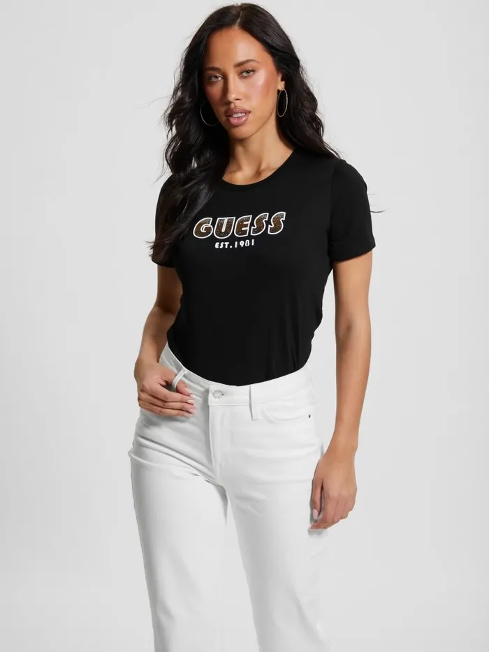 Women Tops GUESS Eco Crewneck Rhinestone Logo Tee Black