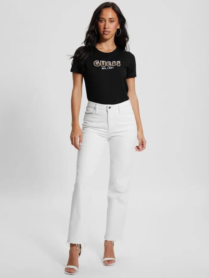 Women Tops GUESS Eco Crewneck Rhinestone Logo Tee Black