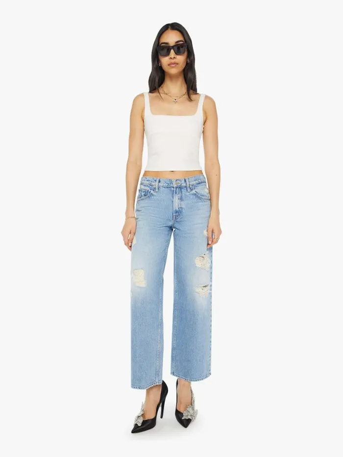 Women Wide Leg Mother Denim The Down Low Spinner Hover Wash Holey Roller