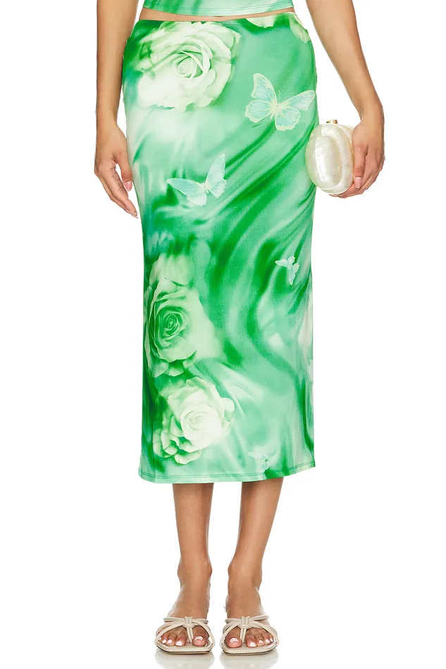 Zura Midi Skirt Green Rose Swirl Women Lovers and Friends Skirts